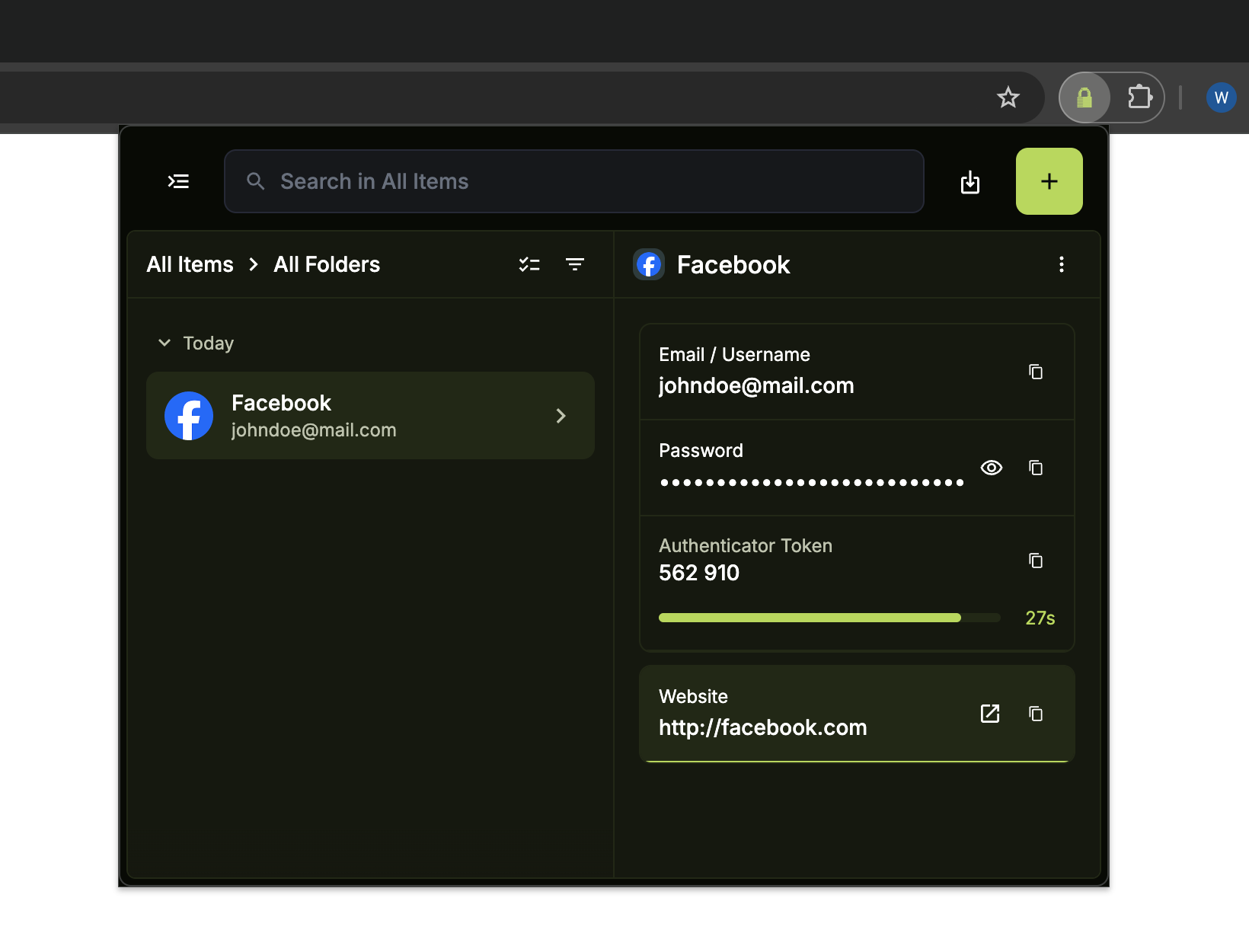 Login item open in PearPass browser extension showing the authenticator code field