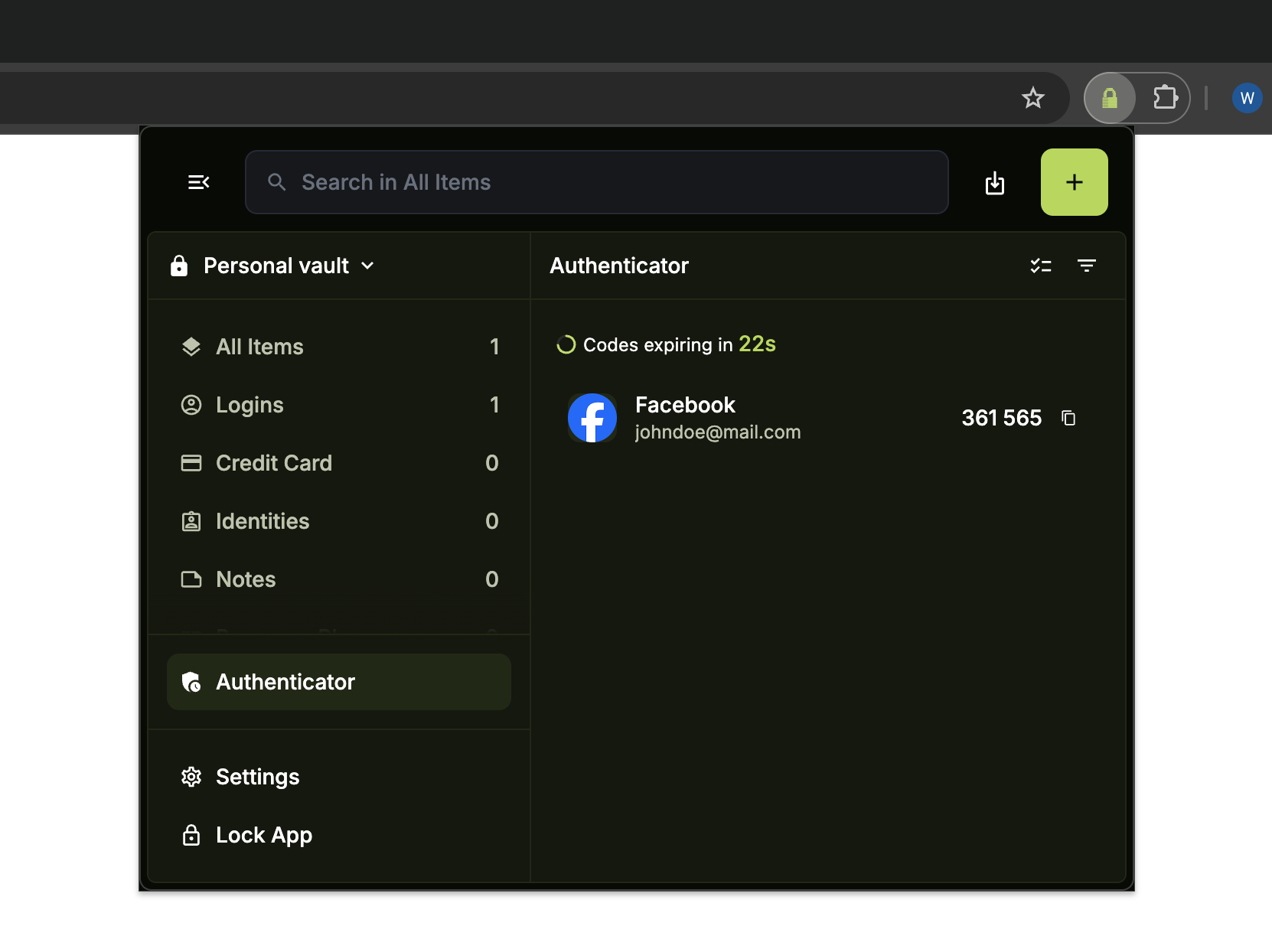 Authenticator section showing the saved code with a countdown timer in the browser extension