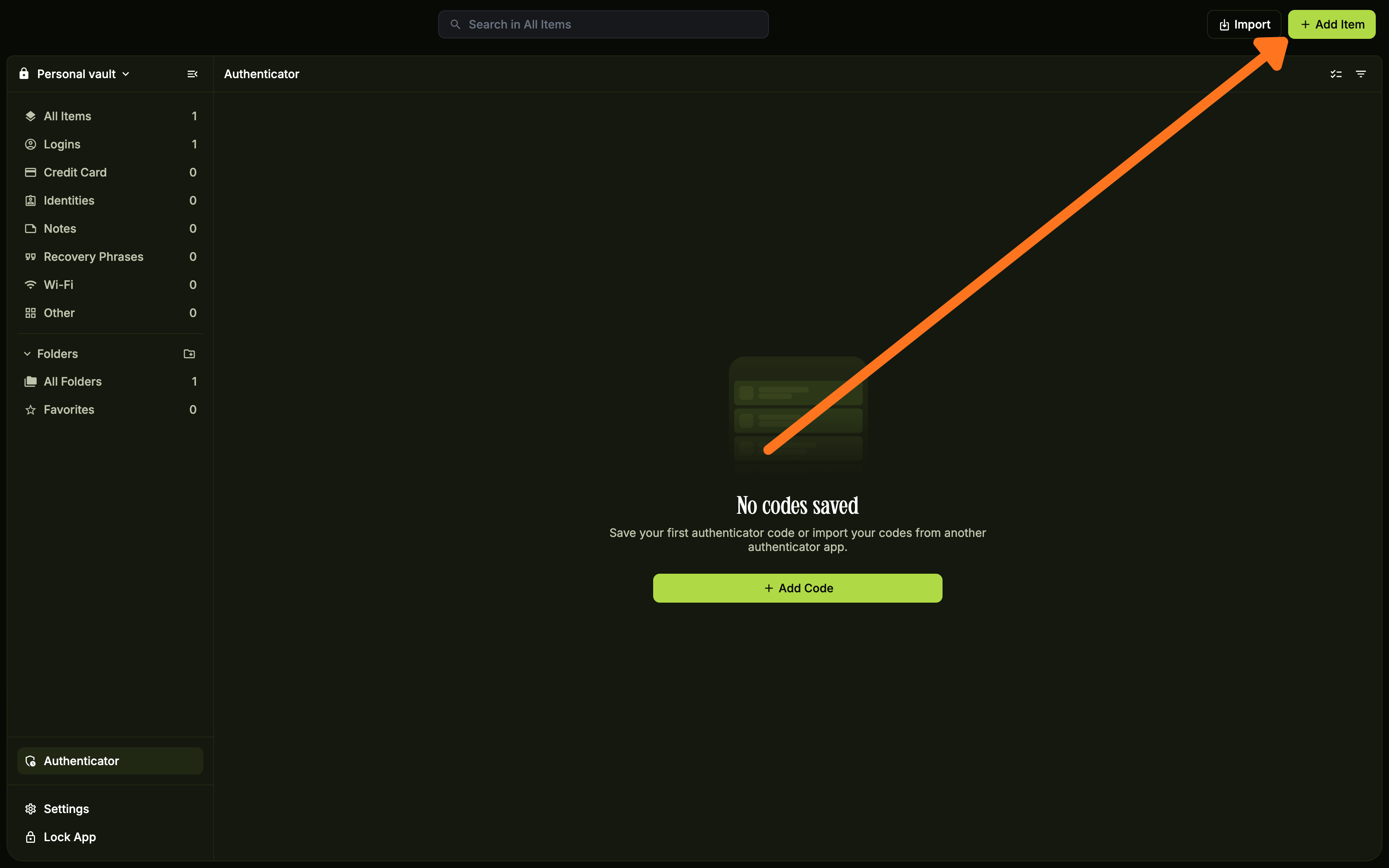 Authenticator section with Add Item button